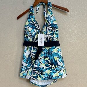 NWT Swimsuits For All Blue Green Tropical Leaf Halter Tankini Top Size 22